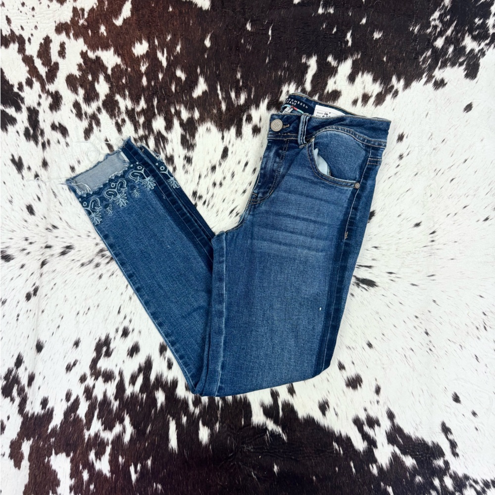 Boom Boom Blue Jeans Darker Tuxedo Stripe Sz 7 White embroidery